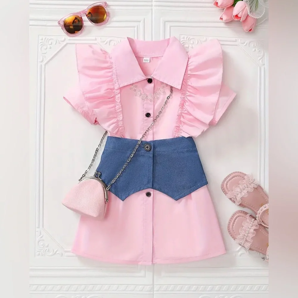 Toddler Girls Short Sleeve Ruffle Trim Button Casual Denim Spliced Shirt Dress